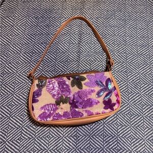 Floral Sequin Shoulder Bag - Purple and Tan